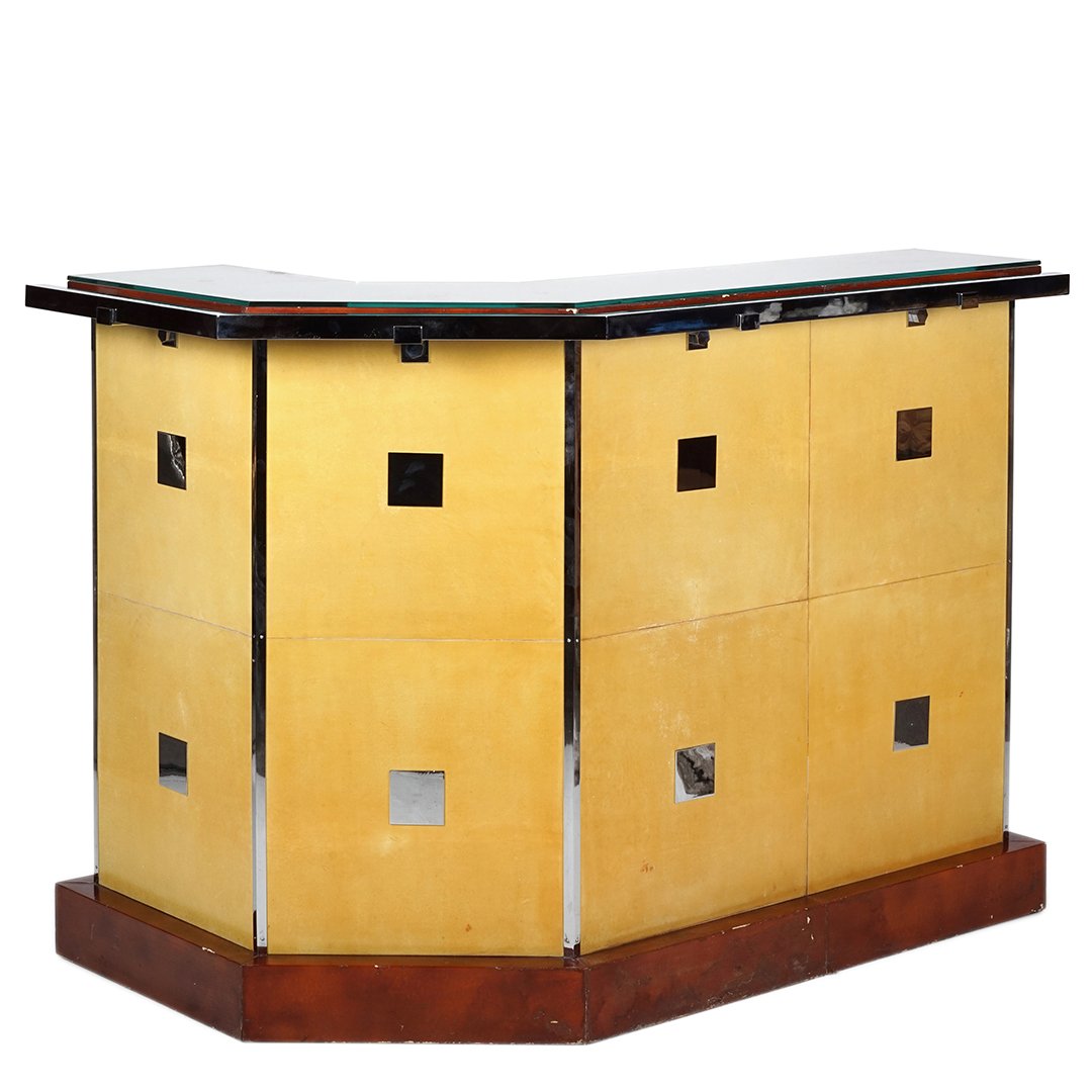 Italian oak bar: Polished steel, parchment and oak bar, Italy 1960s. 43" H x 57" W x 37" D.