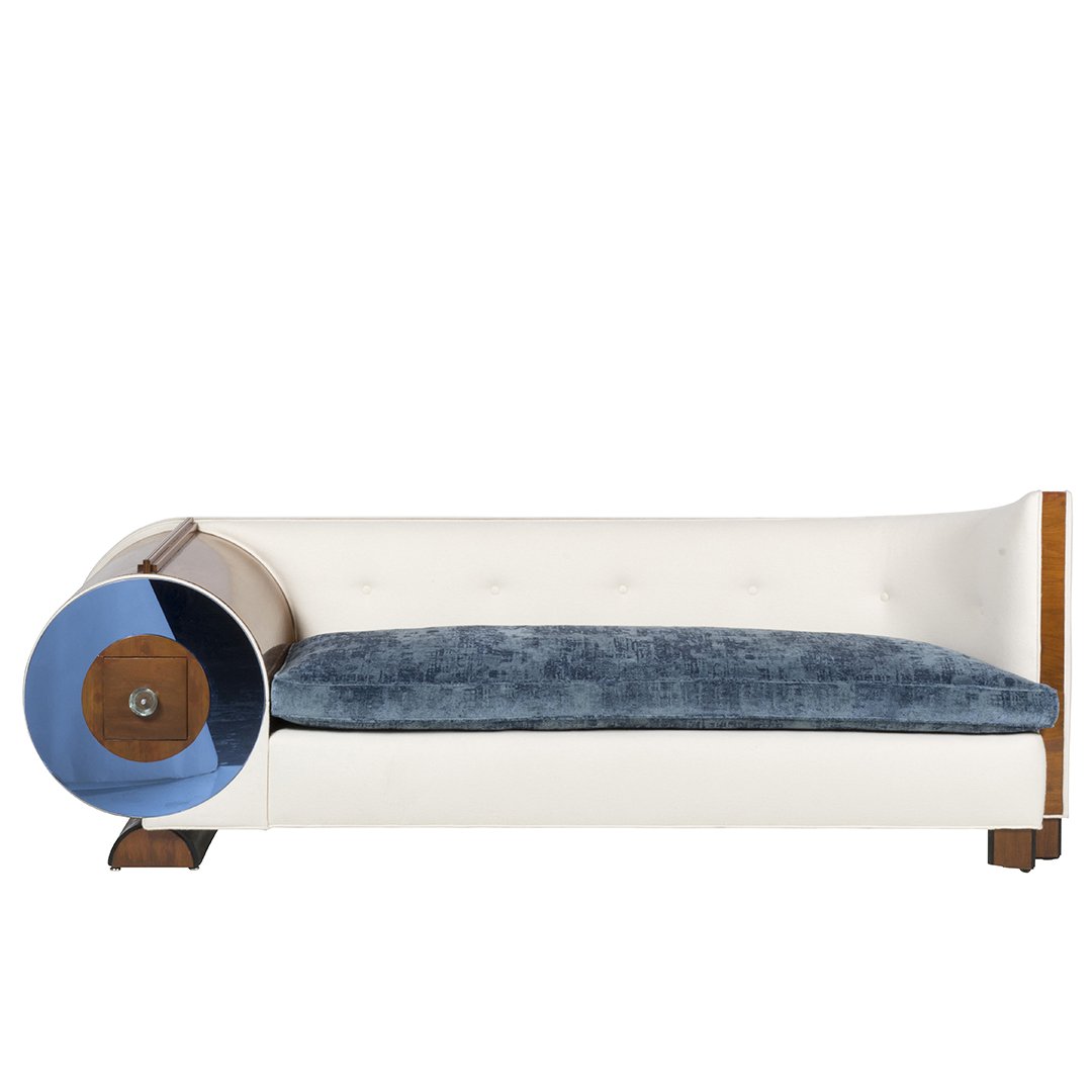Art Deco mahogany and glass sofa: Art Deco mahogany sofa with reupholstered velvet seating, wool felt backing and blue mirrored detail, 1950s. 34" H x 92" W x 32" D.