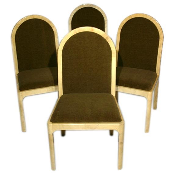 Mohair and goatskin wrapped side chairs (4): Set of four goatskin wrapped side chairs upholstered in mohair in the manner of Karl Springer, 1970s. 40" H x 21.5" W x 22" D.