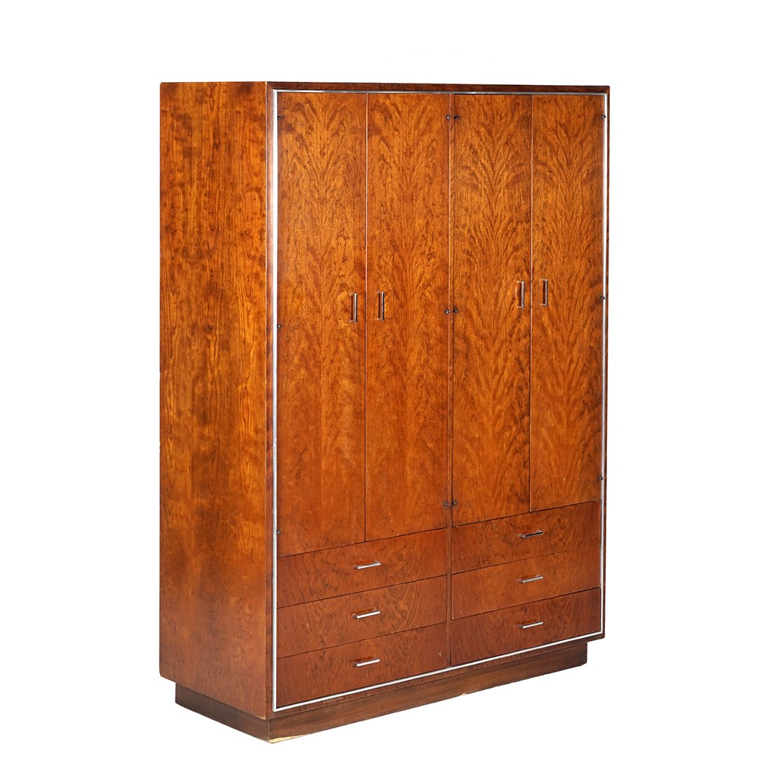 Knape and Vogt dressing cabinet: Figured wood dressing cabinet by Knape and Vogt, 1960s. 66" H x 48" W x 20" D.