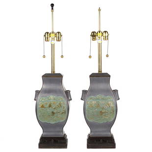 Marbro brass and pewter lamps (2): Pair of brass and pewter asian themed lamps by Marbro Lamp Company, 1950s. 36" H.