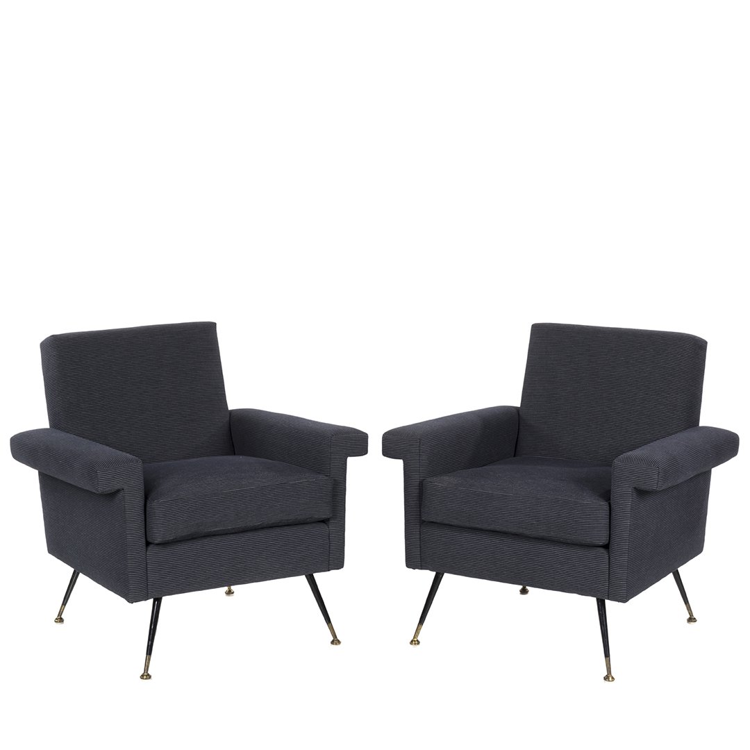 Italian pinstriped armchairs (2): Pair of armchairs upholstered in quilted cotton charcoal pinstripe, Italy 1950s. 36" H x 30" W x 29" D.