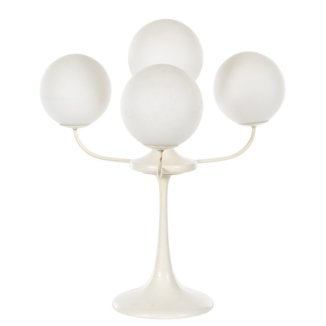 Max Bill table lamp: Enameled metal table lamp with frosted glass globes designed by Max Bill, Switzerland 1960. 23" H x 21" Diameter.