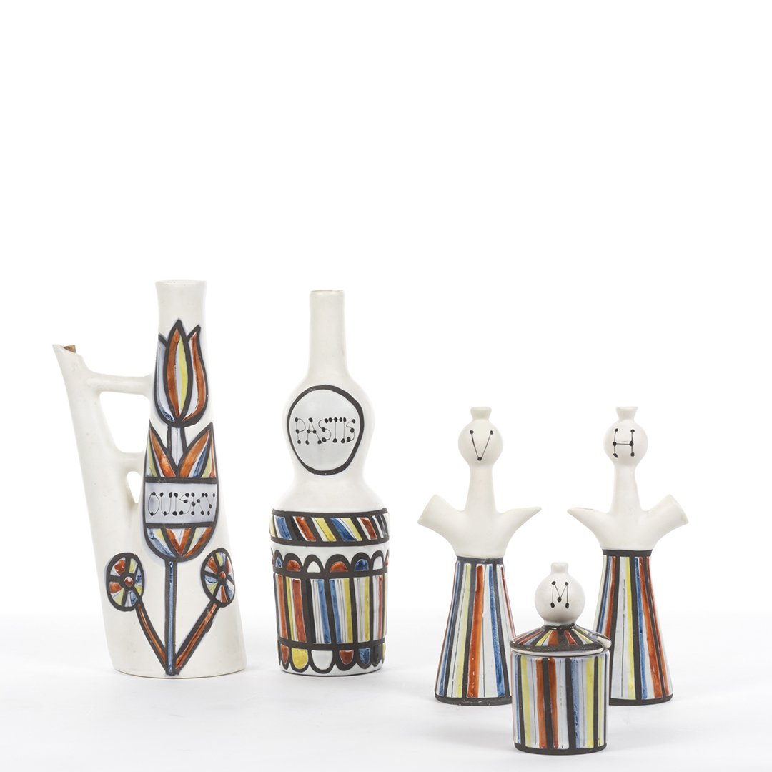 Roger Capron pottery service (5): Five piece pottery service by Roger Capron for Vallauris, France 1960s. Signed Capron. Largest 5" H.