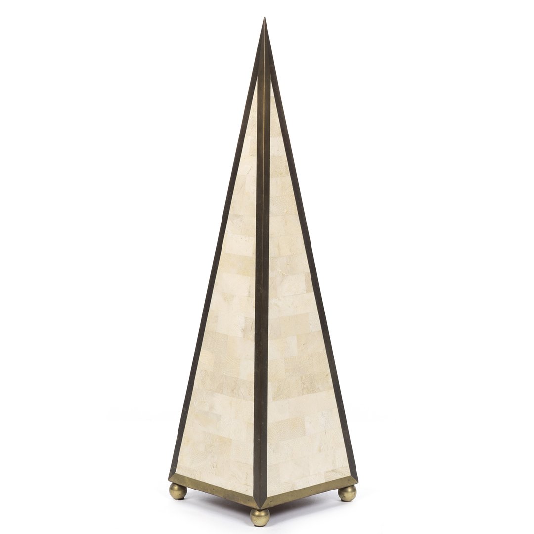 Mid-century tesselated obelisk: Tesselated stone and brass obelisk in the style of Karl Springer, 1950s. 25" H.