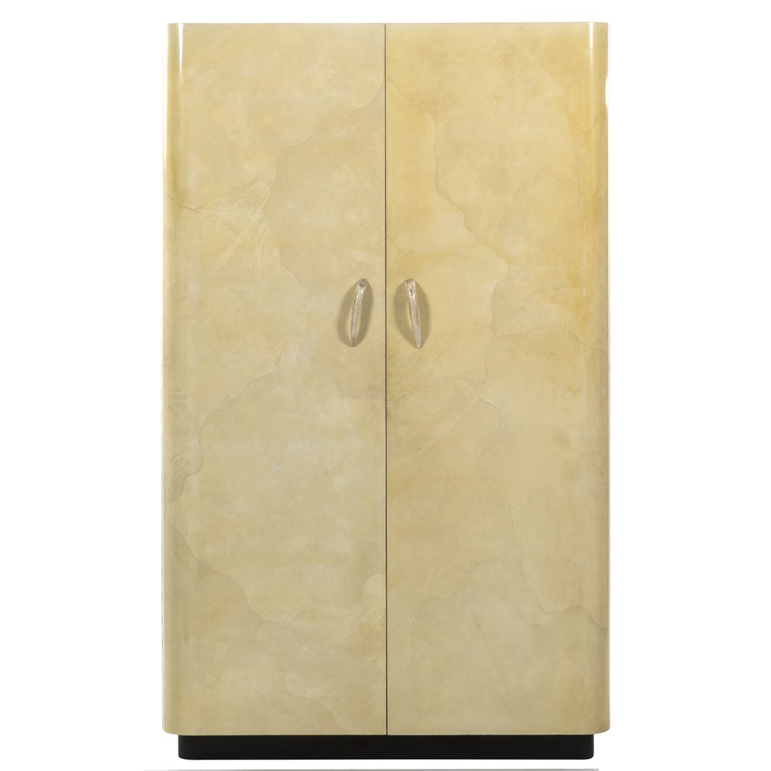 Karl Springer goatskin armoire: Lacquered goatskin armoire with horn handles atrributed to Karl Springer, 1970s. 74" H x 44" w x 21" D.