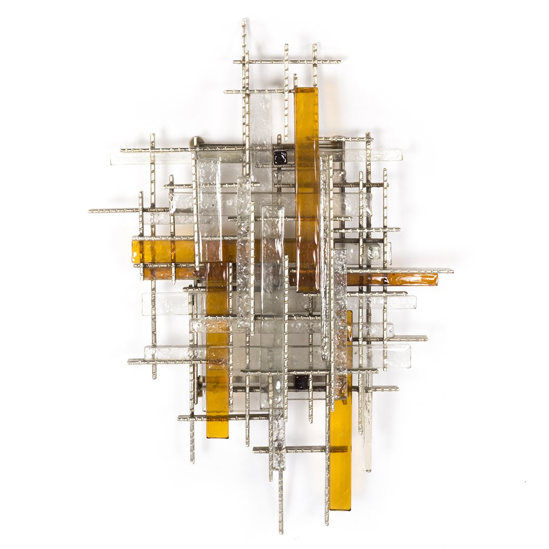 Poliarte wall sconce: Large chromed steel and crystal wall sconce by Poliarte, Italy 1970s. 32" H x 22" W.