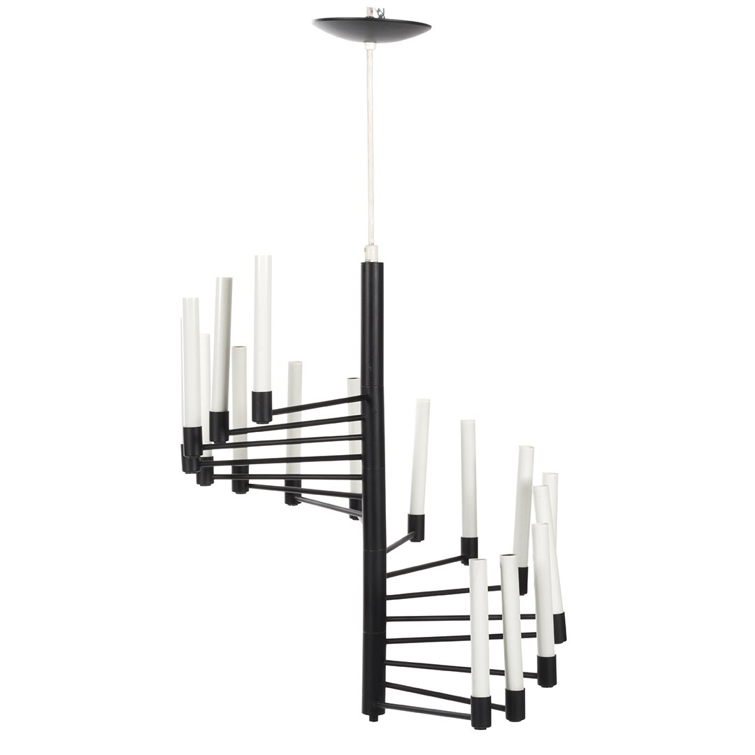 Lightolier iron chandelier: Black enameled iron spiral chandelier by Lightolier, 1970s. 24" H x 19" D.