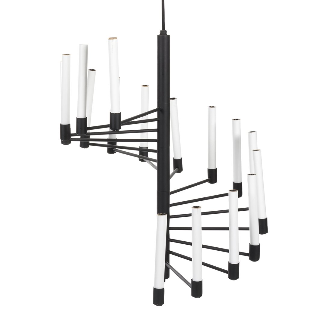 Lightolier iron chandelier: Black enameled iron spiral chandelier by Lightolier, 1970s. 24" H x 19" D.