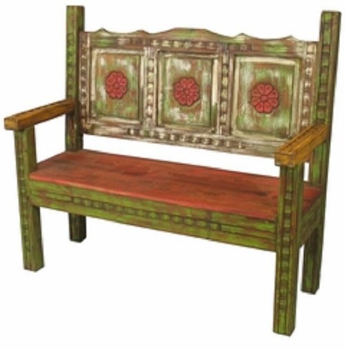 Reclaimed Wood Carved & Painted Bench (1 of 1)