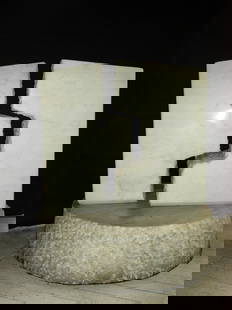 H. Eshel Statuario Marble Sculpture "The Couple": Hanna Eshel, (Israel 1926- ), Statuario Marble, Carrara, 1980, "The Couple," two rotating pieces attached by pins to round Naturale marble base (30in. dia), 32in. x 30in. x 30in., signed on base.About