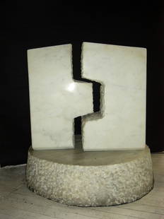 H. Eshel Statuario Marble Sculpture "The Couple": Hanna Eshel, (Israel 1926- ), Statuario Marble, Carrara, 1980, "The Couple," two rotating pieces attached by pins to round Naturale marble base (30in. dia), 32in. x 30in. x 30in., signed on base.About