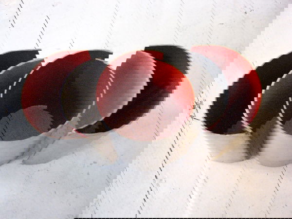 H. Eshel Aluminum Sculpture "World in Love": Hanna Eshel, (Israel 1926- ), Aluminum, New York, 1978, "World in Love," three cylindrical pieces, painted interior (7in. X 10.5in. X 5in.), models for enlargement (Serra later made giant iron sculptu