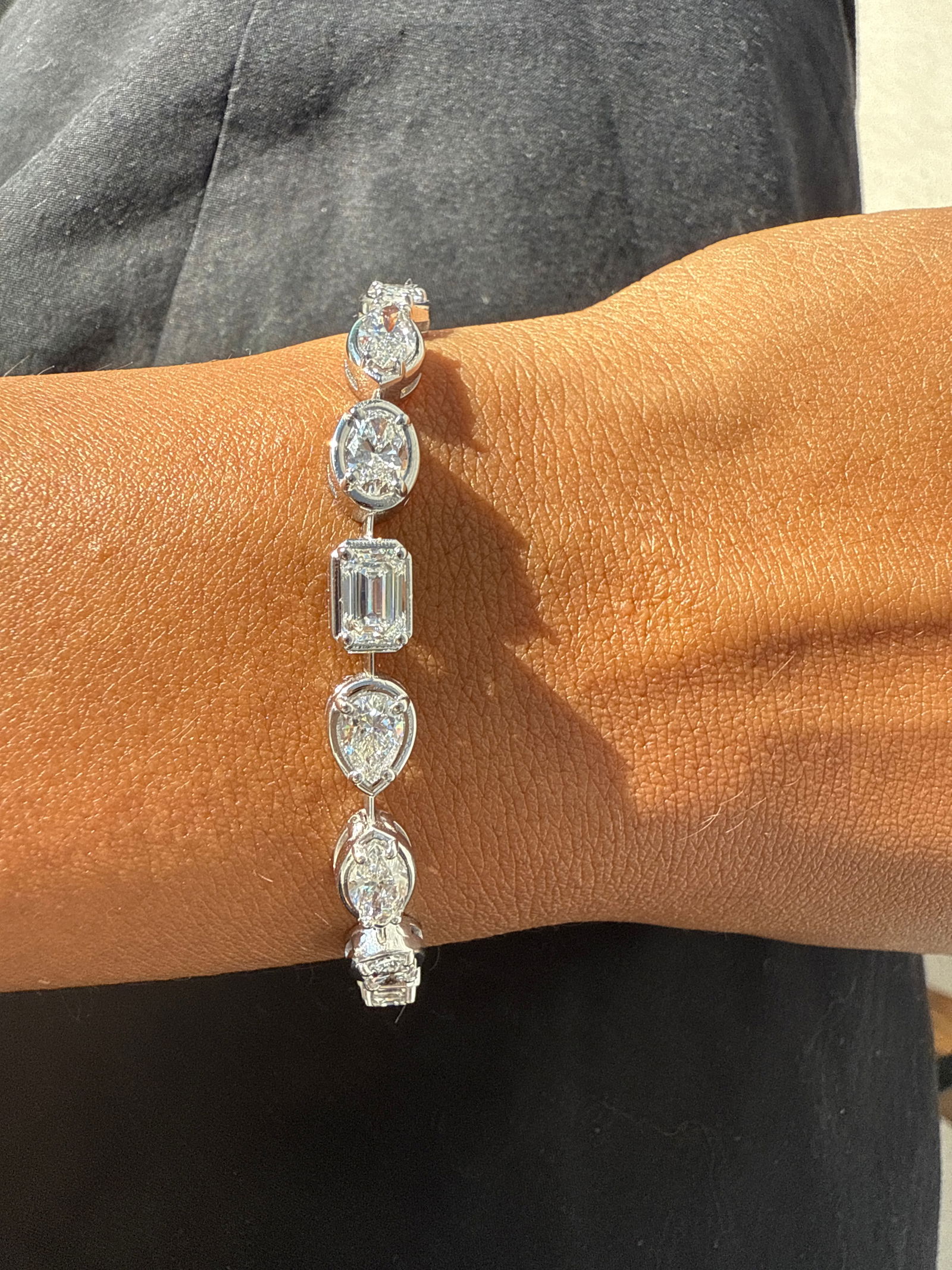 8.5 Carat Mixed Shape Diamond tennis bracelet in 14k White Gold: 14k White Gold Mixed Shape Diamond Tennis Bracelet/Length of the Bracelet: 7 Inches/Total Diamond Weight: 8.5 Carat in a 7 inch bracelet/Solid 14K White Gold and Conflict free Lab grown Diamonds/Diamo
