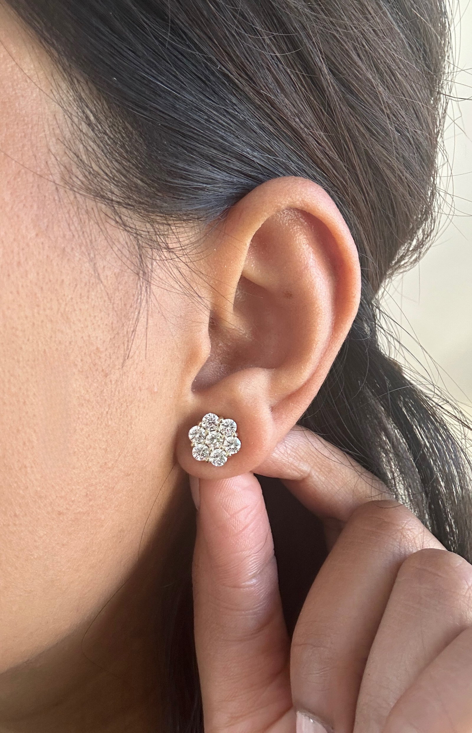 2 Carat Diamond Cluster Flower Stud Earrings in 14k Yellow Gold: 14k Yellow Gold Diamonds Cluster Earrings /Total Diamond Weight : 2 Carat /Solid 14k Yellow Gold and Conflict free Lab grown Diamonds/ Diamond Quality : E in Color & VVS-VS in Clarity /Width:10 mm Sec