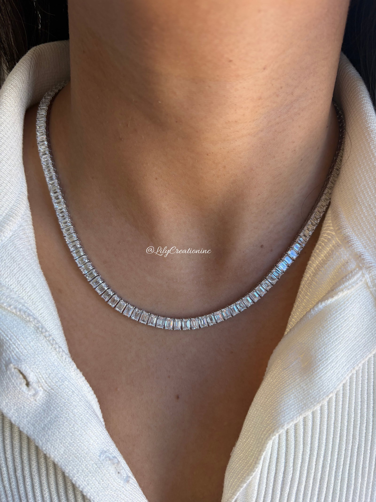 32 Carat Emerald Cut Diamond Tennis Necklace in 14k White Gold: 14k Yellow Gold Round 6 Stone Diamond Cross Pendent /Length of the Pendent : 16.5 InchesTotal Diamond Weight : 32 Carat Solid 14k Yellow Gold & Conflict - Free Lab Grown Diamond/Diamond Quality : E in