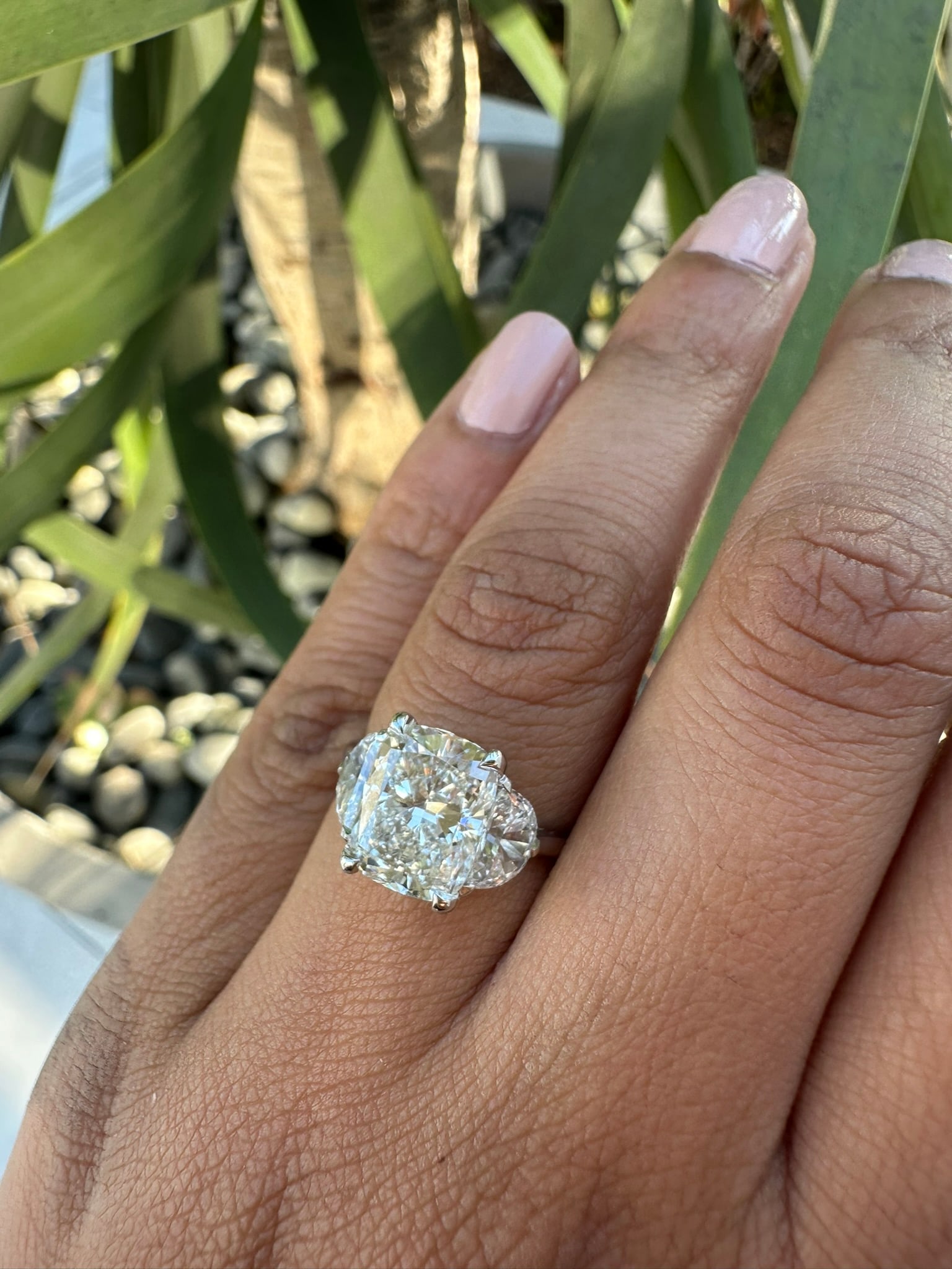 3 Carat 3 Stone Cushion Cut Diamond Engagement Ring in 14k White Gold: 14k White Gold 3 Stone Cushion Cut Diamond Engagemant Ring /Total Diamond Weight: 4 Carat / Center Diamond Weight : 3 Carat ?Side Stone : 1 CaratSolid 14k White Gold & Conflict - Free Lab Grown Diamon