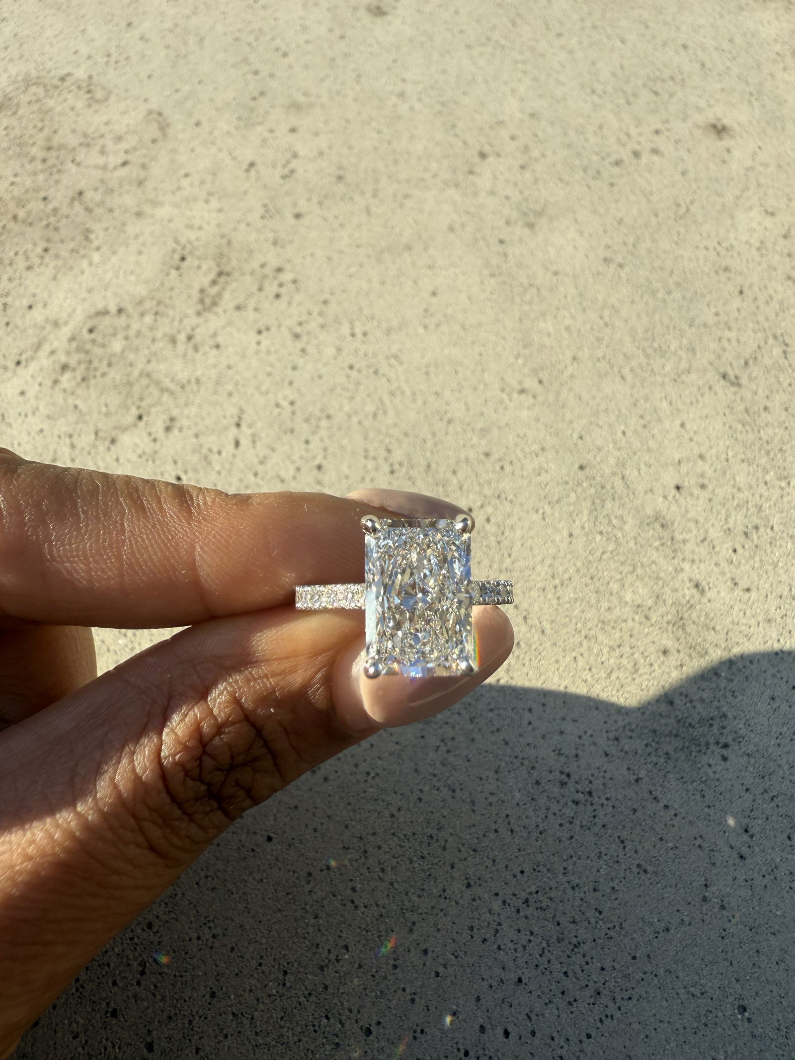 5 Carat Radiant , hidden halo 1/2 pave Diamond Engagement ring in 14k White Gold: 14k White Gold Radiant hidden halo 1/2 pave Diamond Engagemant Ring /Total Diamond Weight: 5 Carat / Center Stone : 5 Carat / Side Stone : 0.50 Carat Solid 14k White Gold & Conflict - Free Lab Grown D