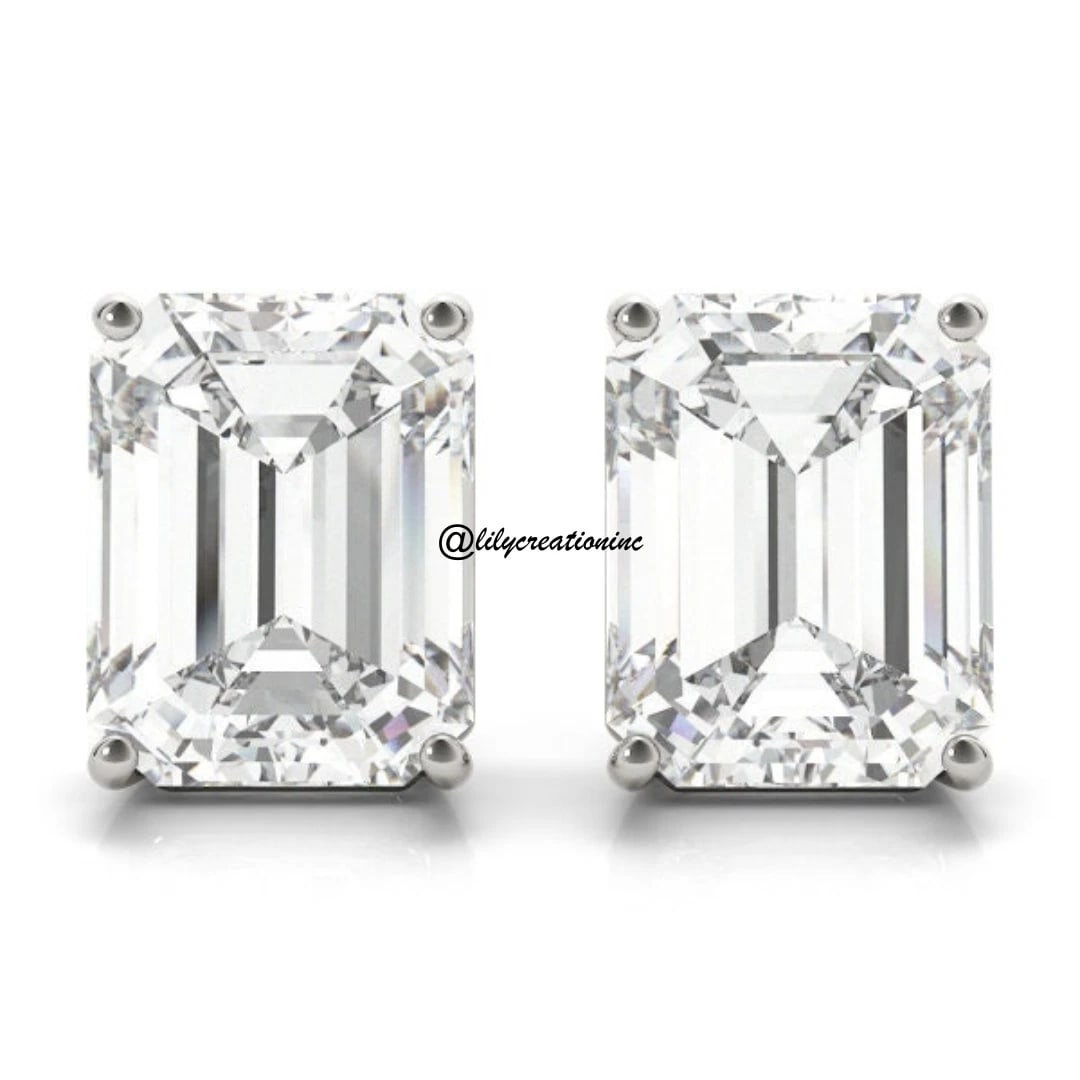 2 Carat Emerald Cut Diamond Stud Earring in 14k White Gold: 14k White Gold Emerald Cut Diamond Stud Earrings/Total Diamond Weight: 2 CaratSolid 14K White Gold and Conflict free Lab grown Diamonds/Diamond Quality: E In Color & VVS-VS In Clarity/Width : mmBackin