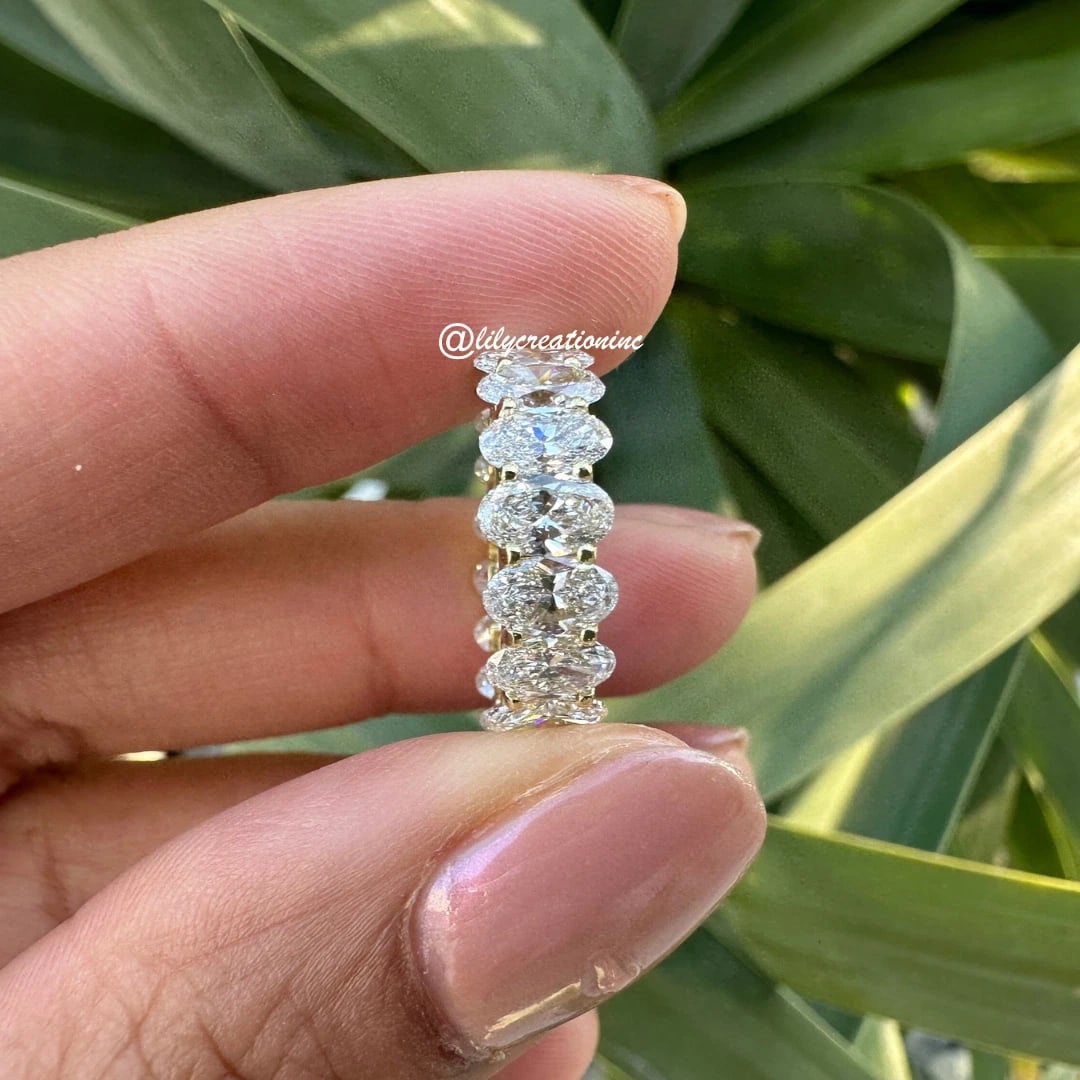 5 Carat Oval U-Prong Diamond Eternity Band in 14k Yellow Gold: 14k Yellow Gold Oval U-Prong Diamond Eternity Band /Total Diamond Weight: 5 Carat Solid 14k Yellow Gold & Conflict - Free Lab Grown Diamond/Diamond Quality : E in Color & VVS-VS in Clarity/Width : 5.5