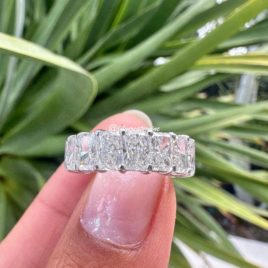 5 Carat Radiant Cut Diamond Eternity Band in 14k White Gold: 14k White Gold Radiant Cut Diamond Eternity Band /Total Diamond Weight: 5 Carat Solid 14k White Gold & Conflict - Free Lab Grown Diamond/Diamond Quality : E in Color & VVS-VS in Clarity/Width : 5mmRet