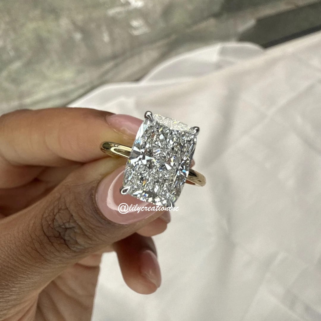 5 Carat Two Tone Cushion Cut Hidden Halo Solitaire Diamond Engagement Ring in 14k Yellow Gold: 14k Yellow Gold Cushion Cut Hidden Halo Diamond Engagement Ring /Total Diamond Weight: 5 Carat Solid 14k Yellow Gold & Conflict - Free Lab Grown Diamond/Diamond Quality : E in Color & VVS-VS in Clarit