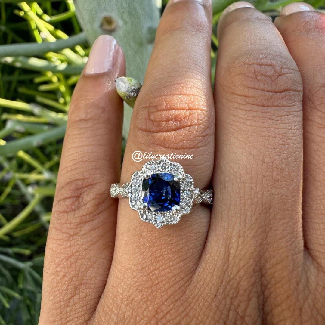 7 Carat Art Deco Sapphire Diamond Engagement Ring in 14k White Gold: 14k White Gold Art Deco Sapphaire Diamond Engagement Ring /Total Diamond Weight: 7 Carat Solid 14k White Gold & Conflict - Free Lab Grown Diamond/Diamond Quality : E in Color & VVS-VS in Clarity/Certi