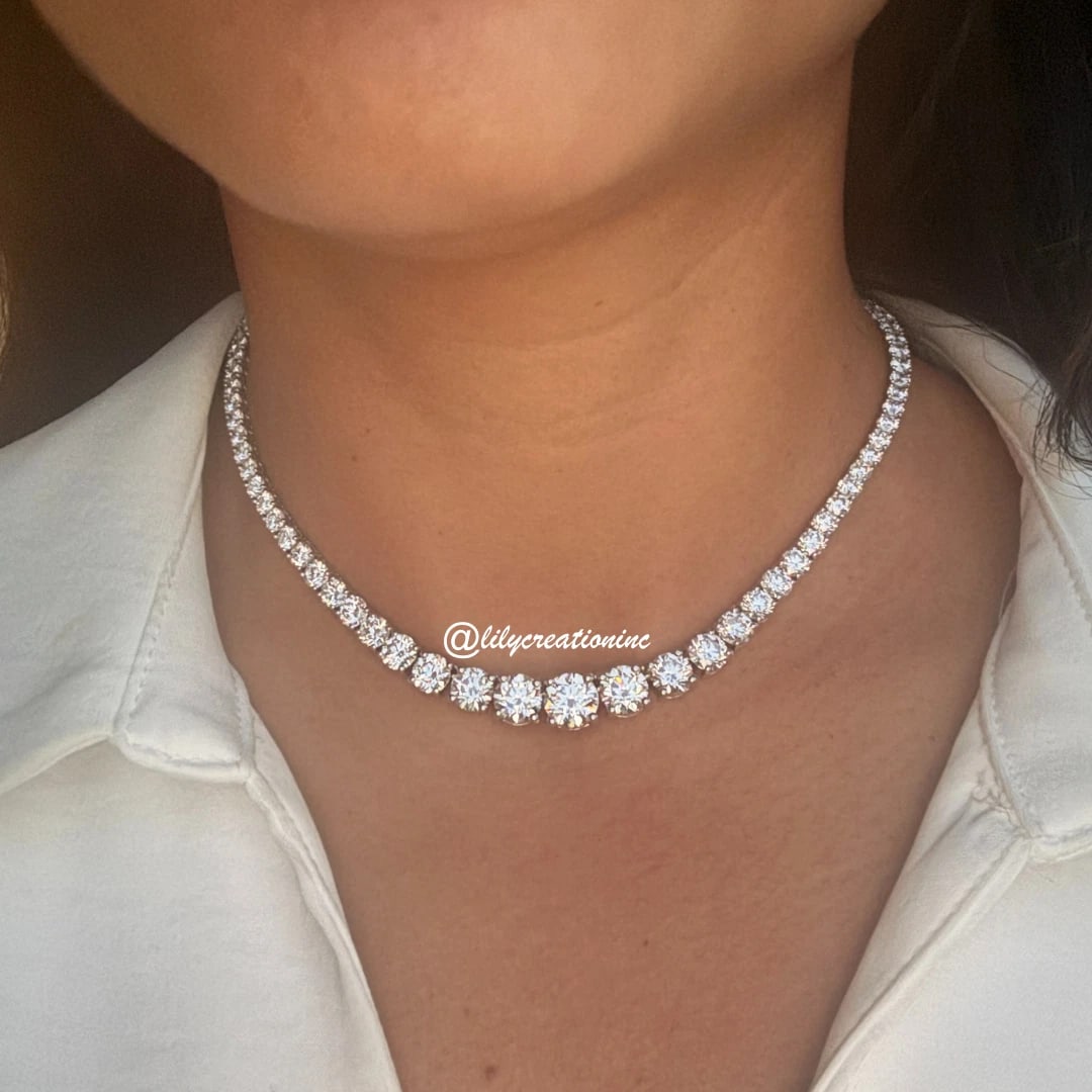 23 Carat Graduated Diamond Tennis Choker in 14k White Gold: 14k White Gold Round Graduated Diamond Tennis Necklace /Length of the Necklace : Total Diamond Weight : 23 Carat in a Inch Necklace/ Center Stone Size- CaratSolid 14k White Gold & Conflict - Free Lab