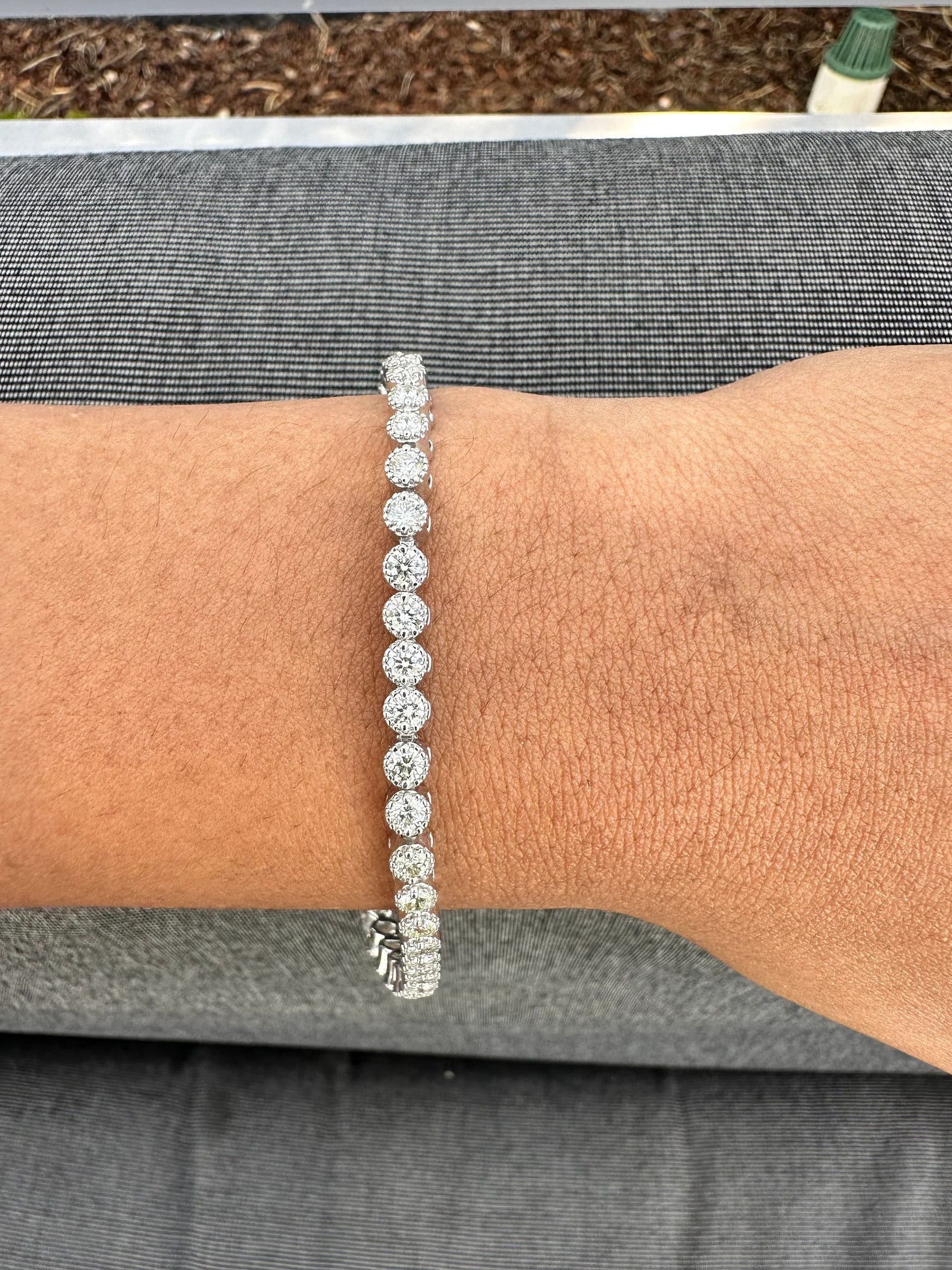 4 Carat Round Vintage Milgrain Bezel Diamond Tennis Bracelet in 14k White Gold: 14k White Gold Vintage Milgrain Bezel Diamond Tennis Bracelet/Length of the Bracelet: 7 Inches/Total Diamond Weight: 4 Carat in a 7 inch Bracelet/Solid 14K White Gold and Conflict free Lab grown Diamo