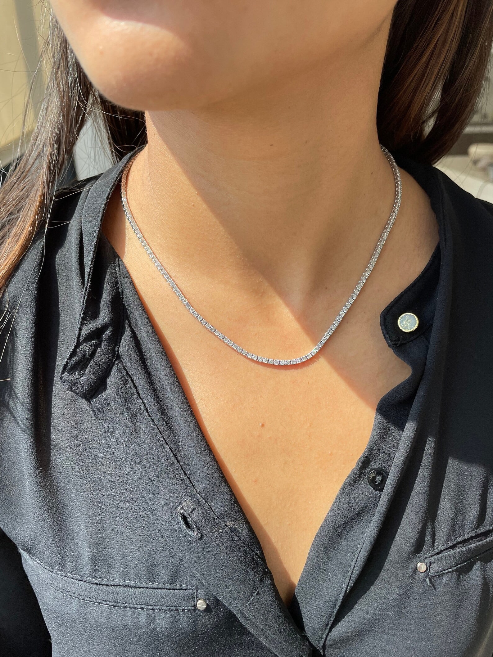 Women's 13 Carat Round Riviera Diamond Tennis Necklace in 14k White Gold: 14k White Gold Round Women's Riviera Diamond Tennis Necklace /Length of the Necklace : 18 InchesTotal Diamond Weight : 13 Carat in a 18 Inch Necklace/Solid 14k White Gold & Conflict - Free Lab Grown D