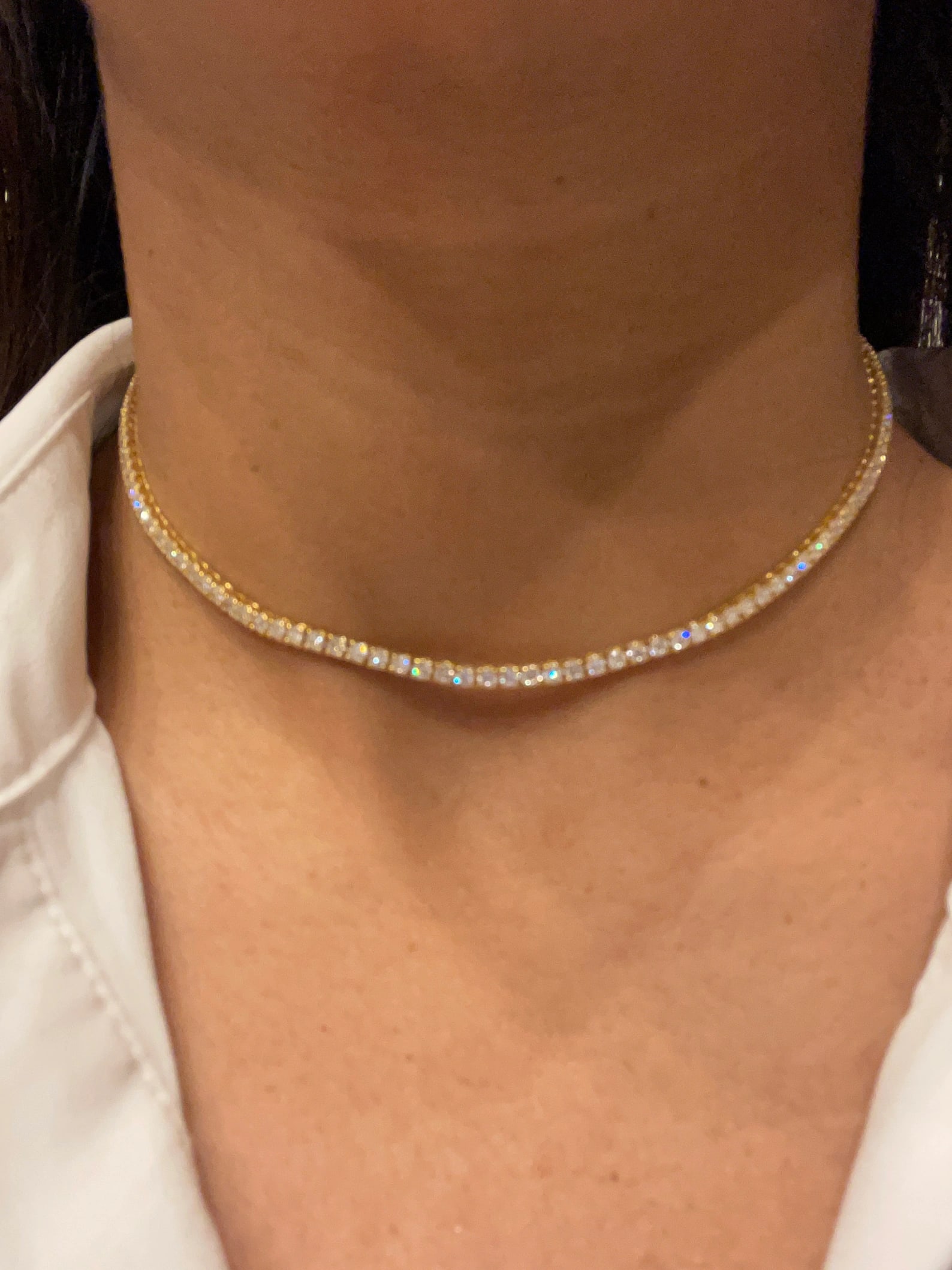 7 Carat Round Diamond Coker Tennis Necklace in 14k Yellow Gold: 14k Yellow Gold Round Coker Diamond Tennis Necklace /Length of the Necklace : 18 InchesTotal Diamond Weight : 7 Carat in a 18 Inch Necklace/Solid 14k Yellow Gold & Conflict - Free Lab Grown Diamond/Di