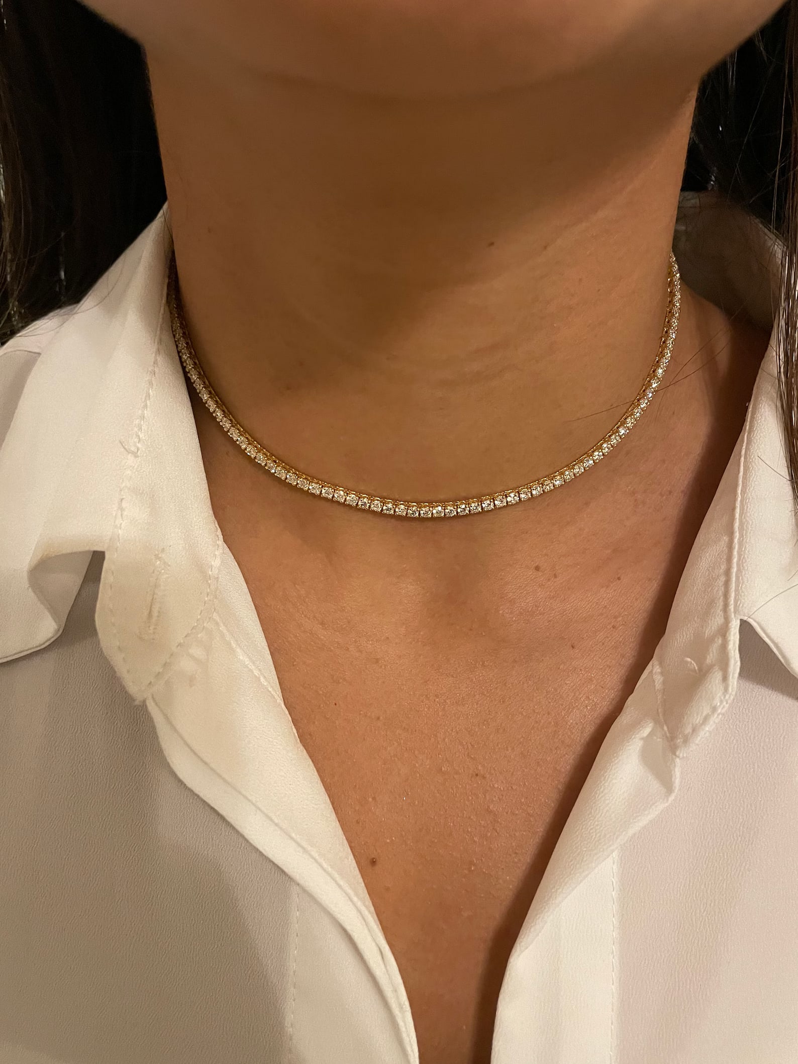10 Carat Round Diamond Choker Tennis Necklace in 14k Yellow Gold: 14k Yellow Gold Diamond Tennis Necklace /Length of the Necklace : 18 InchesTotal Diamond Weight : 10 Carat in a 18 Inch Necklace/Solid 14k Yellow Gold & Conflict - Free Lab Grown Diamond/Diamond Quali