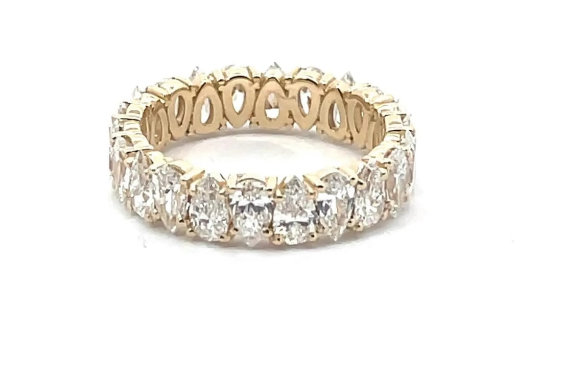 4 Carat Pear Cut Diamond Eternity Band in 14k Yellow Gold: 14k Rose Gold Pear Cut Diamond Eternity Band /Total Diamond Weight: 4 Carat Solid 14k Rose Gold & Conflict - Free Lab Grown Diamond/Diamond Quality : E in Color & VVS-VS in Clarity/Width : 5.5mmRetail