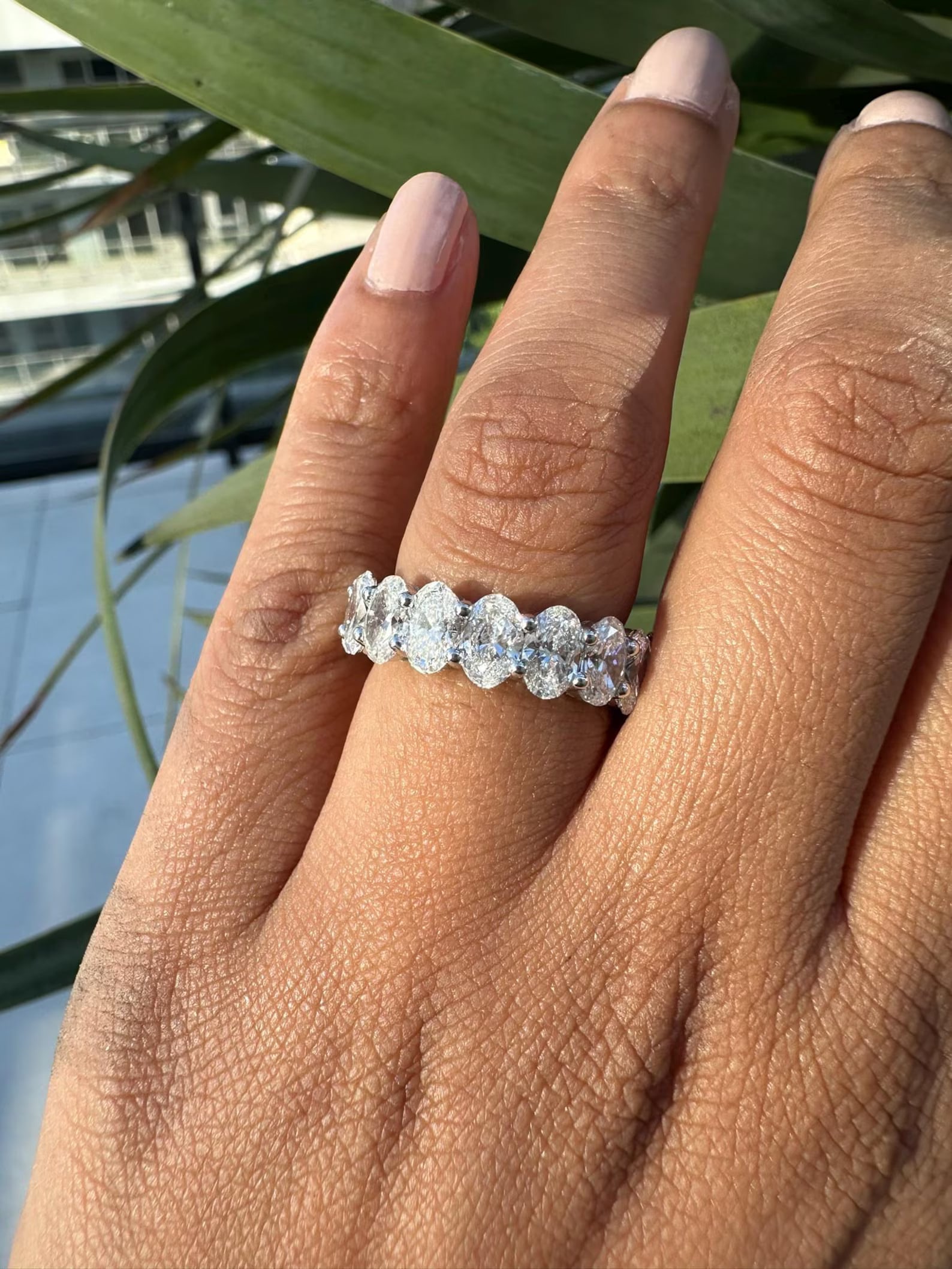 5 Carat Oval Eternity Band in 14k White Gold: 14k White Gold Oval Diamond Eternity Band /Total Diamond Weight: 5 Carat Solid 14k White Gold & Conflict - Free Lab Grown Diamond/Diamond Quality : E in Color & VVS-VS in Clarity/Width : 5.7 mmRetail