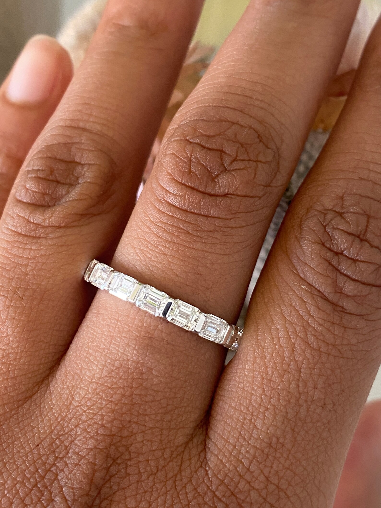 3 Carat Emerald Eternity Band in 14k White Gold: 14k White Gold Emerald Diamond Eternity Band /Total Diamond Weight: 3 Carat Solid 14k White Gold & Conflict - Free Lab Grown Diamond/Diamond Quality : E in Color & VVS-VS in Clarity/Width : 3.5 mmReta