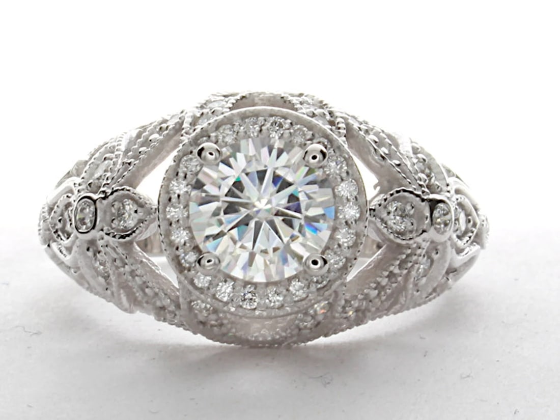 1 Carat Round Center Stone Vintage Art Deco Diamond Engagement Ring in 14k White Gold (1 of 5)