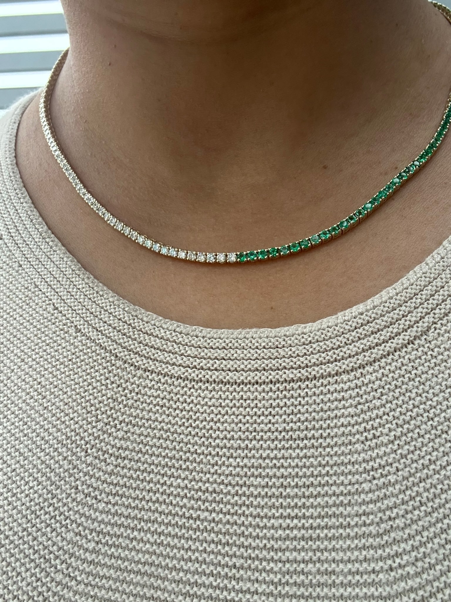 7 Carat Round tennis necklace with Emeralds in 14k Yellow Gold: 14k Yellow Gold Round & Emerald Diamond Tennis Necklace /Length of the Necklace : 16.5 Inches /Total Diamond Weight : 7 Carat in a 16.5 Inch Necklace/Solid 14k Yellow Gold & Conflict - Free Lab Grown 