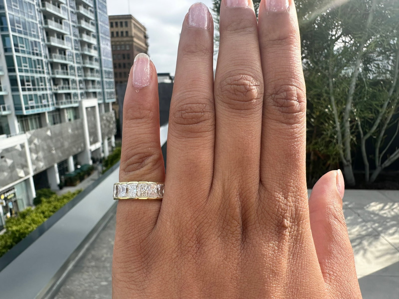 5 Carat Radiant Cut Bezel Set Diamond Eternity Band in 14k Yellow Gold: 14k Yellow Gold Radiant Cut Bezel Set Diamond Eternity Band /Total Diamond Weight: 5 Carat Solid 14k Yellow Gold & Conflict - Free Lab Grown Diamond/Diamond Quality : E in Color & VVS-VS in Clarity/Re