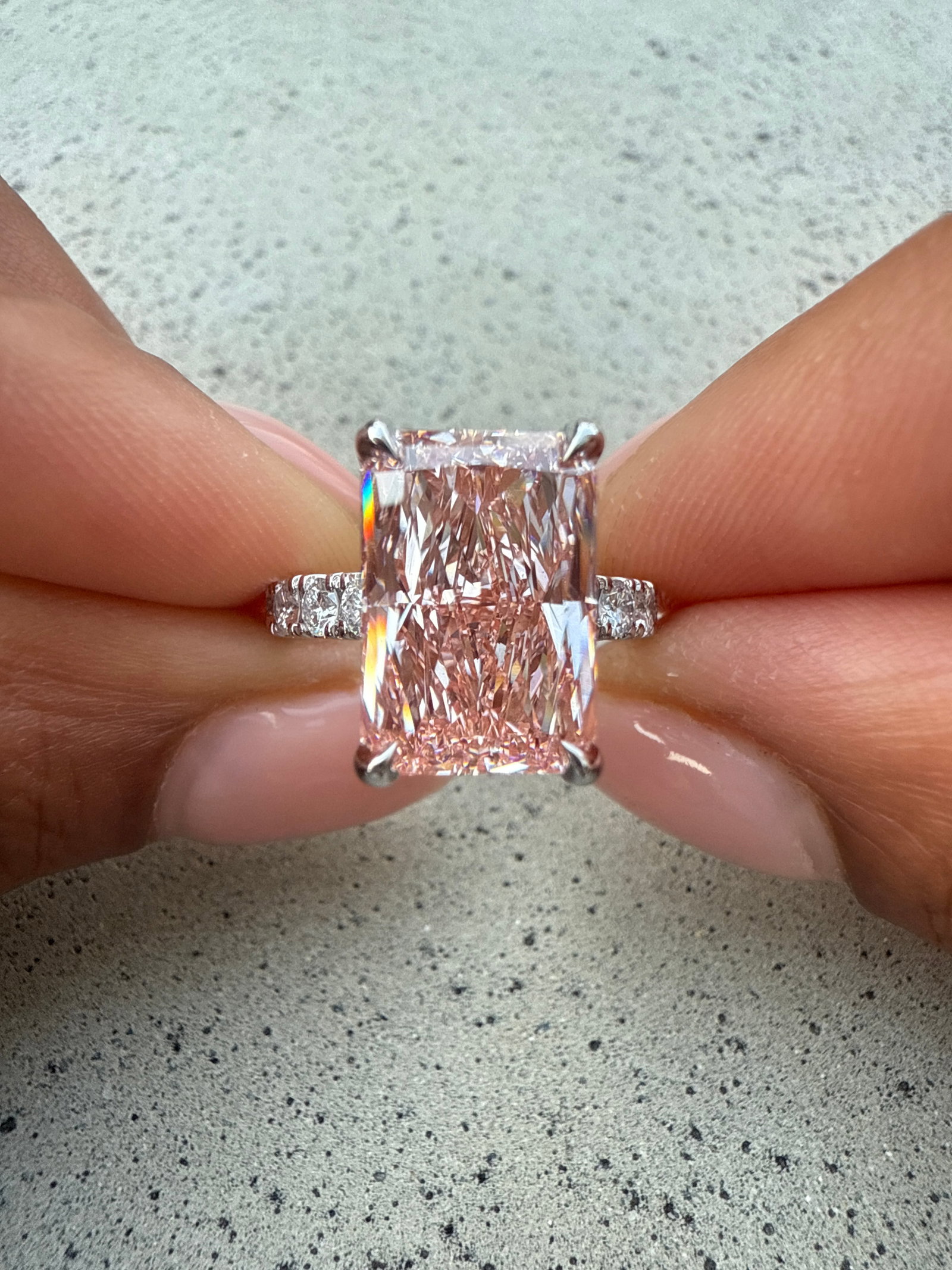 5 Carat Pink Radiant Cut Diamond Engagement Ring w/ 1 ct side stones in 14k White Gold: 14k White Gold Pink Radiant Cut Diamond w/1 side stone Engagemant Ring /Total Diamond Weight: 5 Carat Solid 14k White Gold & Conflict - Free Lab Grown Diamond/Diamond Quality : E in Color & VVS-VS in 