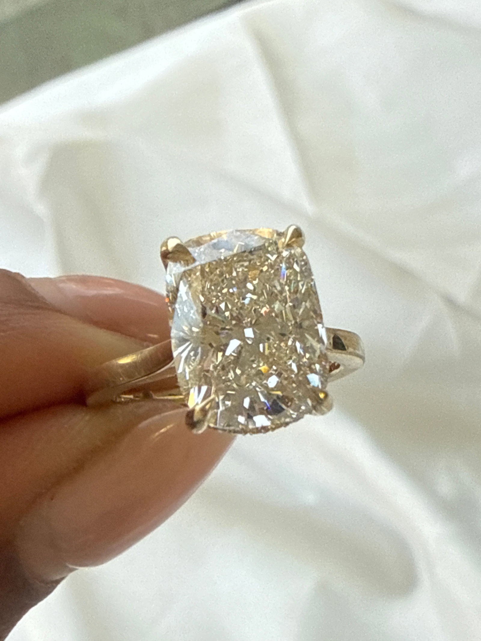 4 Carat Cushion Cut Diamond Engagement Ring with hidden diamonds in 14k Yellow Gold: 14k Yellow Gold Cushion Cut Diamond Engagemant Ring with hidden diamonds/Total Diamond Weight: 3 Carat / Side Stone- 0.25 CrtsSolid 14k Yellow Gold & Conflict - Free Lab Grown Diamond/Diamond Quality 