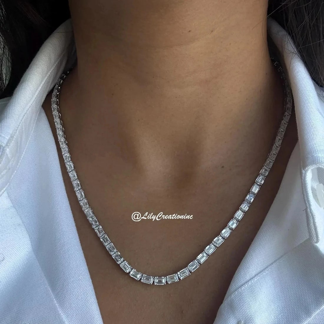 30 Carat Emerald Cut Diamond Tennis Necklace in 14k White Gold: 14k White Gold Emerald Cut Diamond Tennis Necklace /Length of the Necklace : 18 InchesTotal Diamond Weight : 30 Carat in a 18 Inch Necklace/Solid 14k White Gold & Conflict - Free Lab Grown Diamond/Dia
