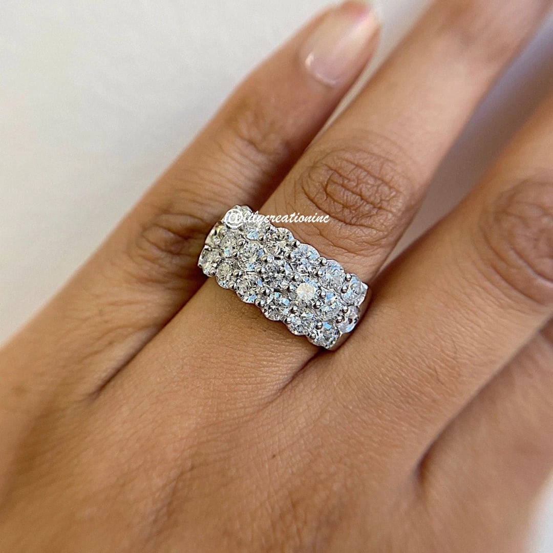 3 Carat 3 Row Round Halfway Diamond Eternity Band in 14k White Gold: 14k White Gold 3 Row Halfway Diamond Eternity Band /Total Diamond Weight: 3 Carat Solid 14k White Gold & Conflict - Free Lab Grown Diamond/Diamond Quality : E in Color & VVS-VS in Clarity/Width : 10 m