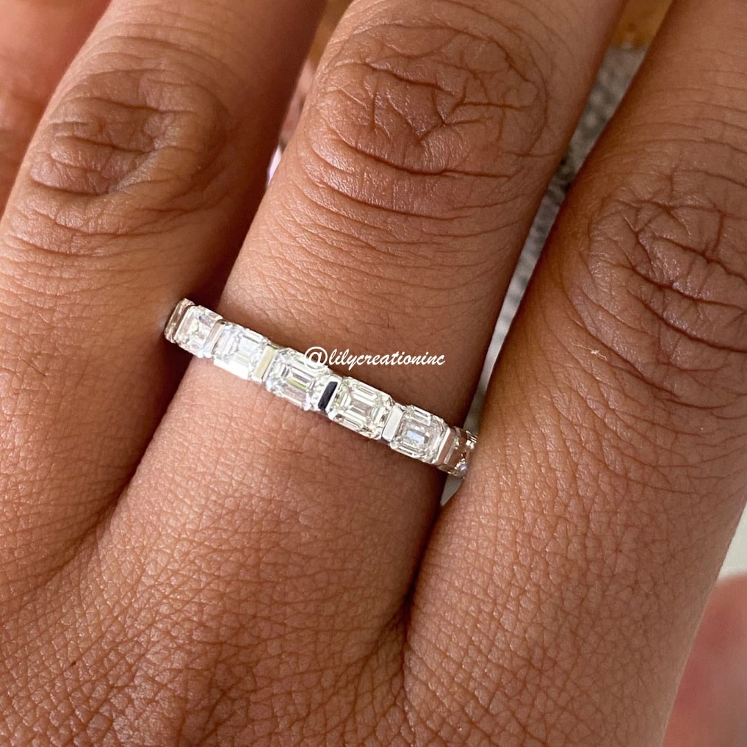 4 Carat Emerald Cut East West Diamond Eternity Band in 14k White Gold: 14k White Gold Emerald Cut East West Diamond Eternity Band /Total Diamond Weight: 4 Carat Solid 14k White Gold & Conflict - Free Lab Grown Diamond/Diamond Quality : E in Color & VVS-VS in Clarity/Reta