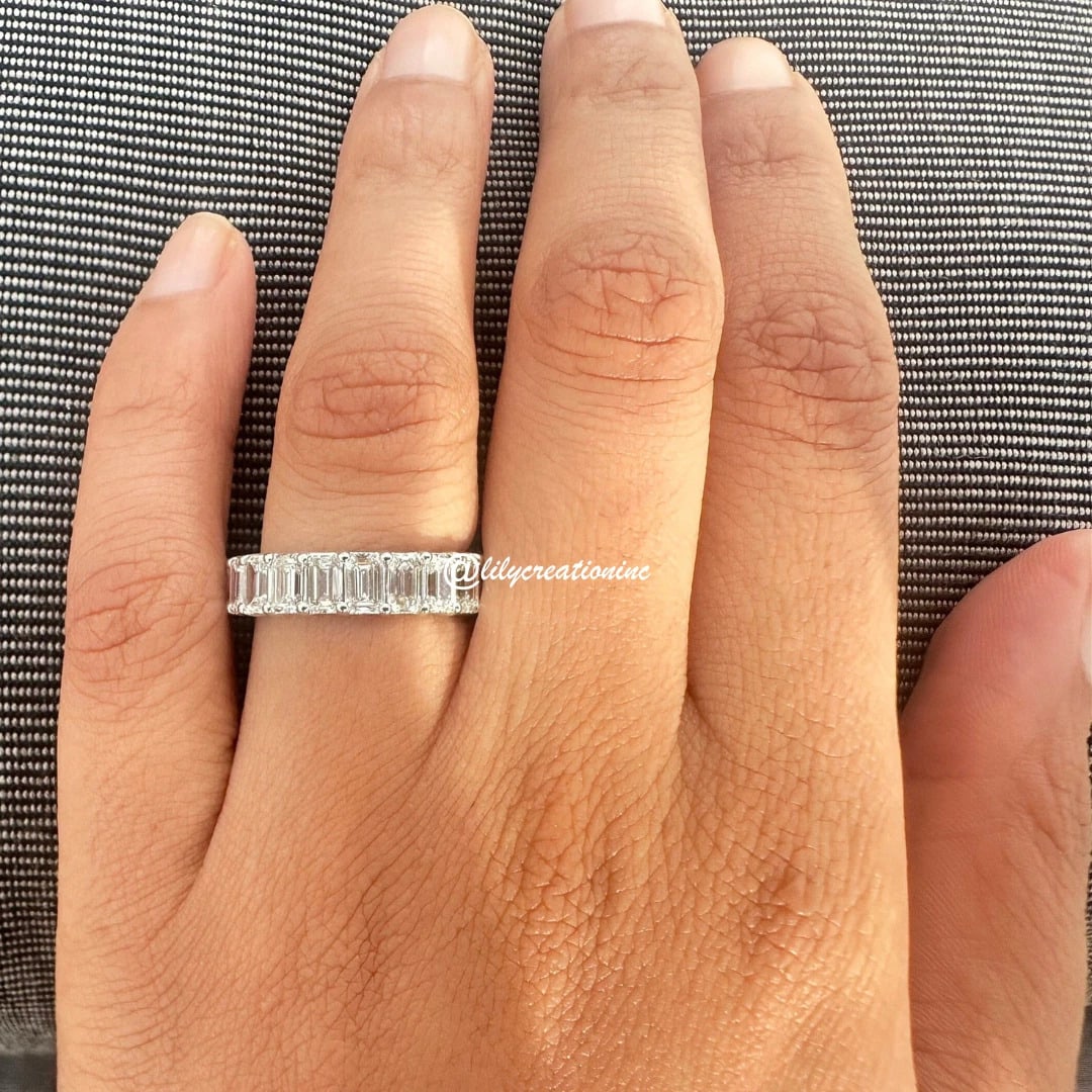 4 Carat Emerald Cut Diamond Eternity Band in 14k White Gold: 14k White Gold Emerald Cut Diamond Eternity Band /Total Diamond Weight: 4 Carat Solid 14k White Gold & Conflict - Free Lab Grown Diamond/Diamond Quality : E in Color & VVS-VS in Clarity/Retail Value :
