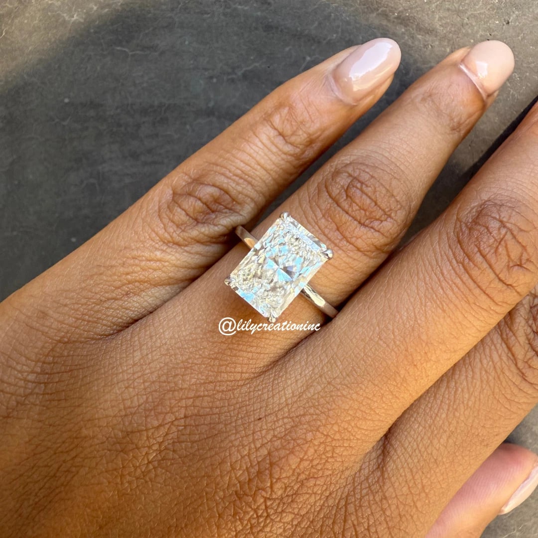 10 Carat Radiant Cut Diamond Engagement Ring w/ Hidden Halo in 14k White Gold: 14k White Gold Radiant Cut w/ Hidden Halo Diamond Engagemant Ring /Total Diamond Weight: 10 Carat Solid 14k White Gold & Conflict - Free Lab Grown Diamond/Diamond Quality : E in Color & VVS-VS in Clar