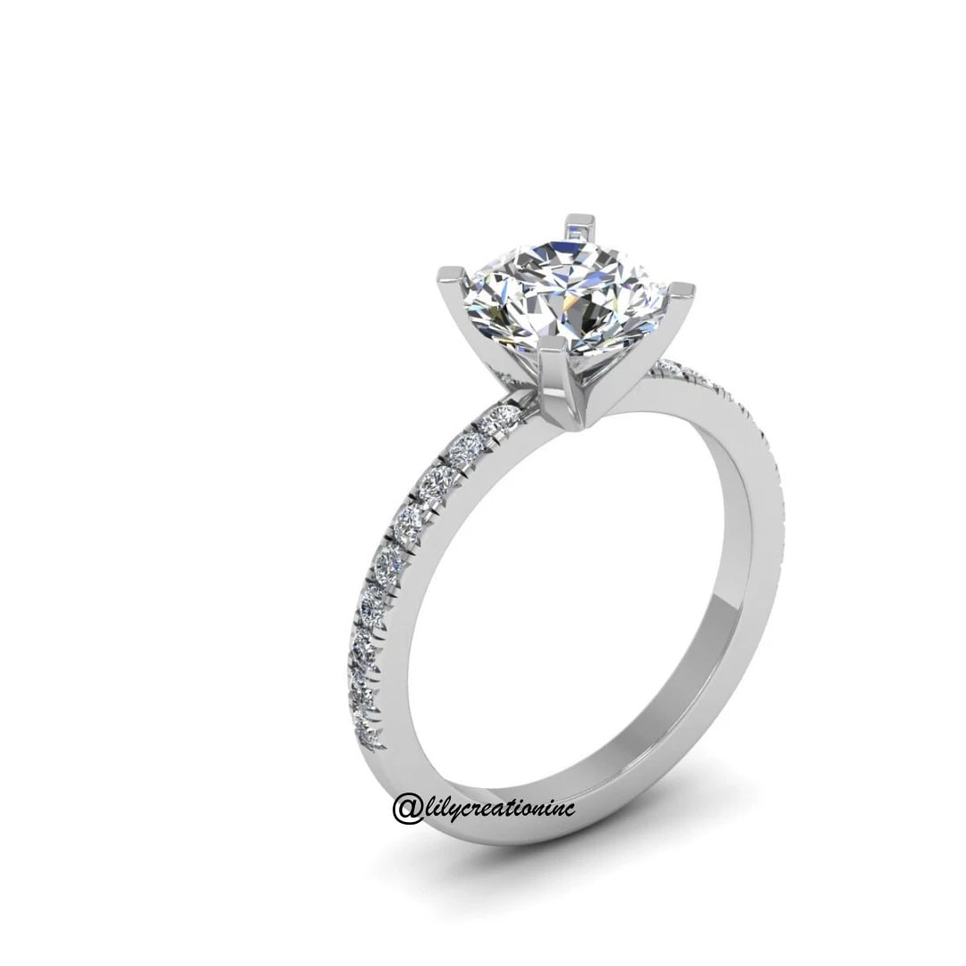 3 Carat Round Diamond Engagement Ring With 1/2 Coverage Side Stones in 14k White Gold: 14k White Gold Round 1/2 Coverage Side Stones Diamond Engagement Ring /Total Diamond Weight: 3 Carat / Center Stone : 2 Carat / Side Stone : 1/4 Carat Solid 14k White Gold & Conflict - Free Lab Grown 