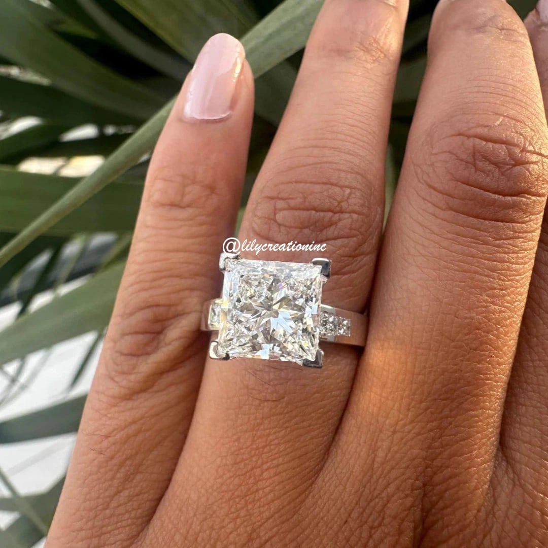 5 Carat Princess Cut Diamond Engagement Ring With Side Diamonds in 14k White Gold: 14k White Gold Princess Cut with Side Stones Diamond Engagement Ring /Total Diamond Weight: 5 Carat / Center Stone : 5 Carat Solid 14k White Gold & Conflict - Free Lab Grown Diamond/Diamond Quality : 