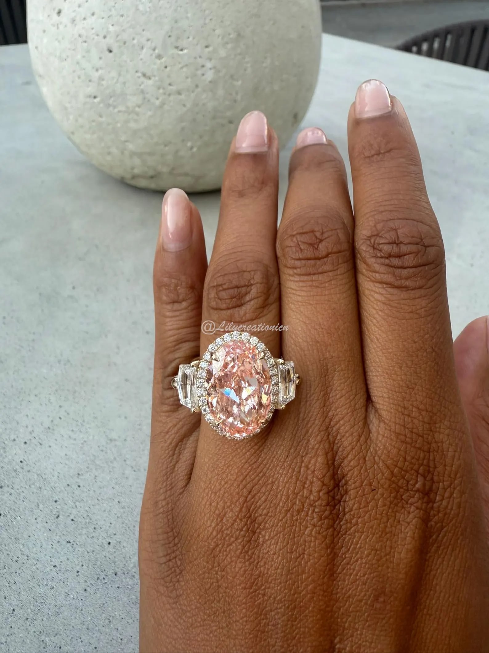 10 Carat Oval Pink Diamond Engagement Ring in 14k Yellow Gold: 14k Yellow Gold Oval Pink Diamond Engagement Ring /Total Diamond Weight: 10 Carat / Center Stone : 10 Carat / Side Stone : 1.5 Carat Solid 14k Yellow Gold & Conflict - Free Lab Grown Diamond/Diamond Q