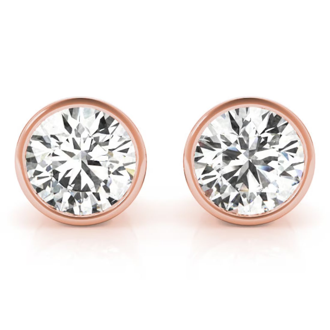 5 Carat Round Bezel Set Diamond Stud Earrings in 14k Rose Gold: 14k Rose Gold Round Bezel Diamond Stud Earrings/Total Diamond Weight: 5 CaratSolid 14K Rose Gold and Conflict free Lab grown Diamonds/Diamond Quality: E In Color & VVS-VS In Clarity/Width : 12 mmBacki