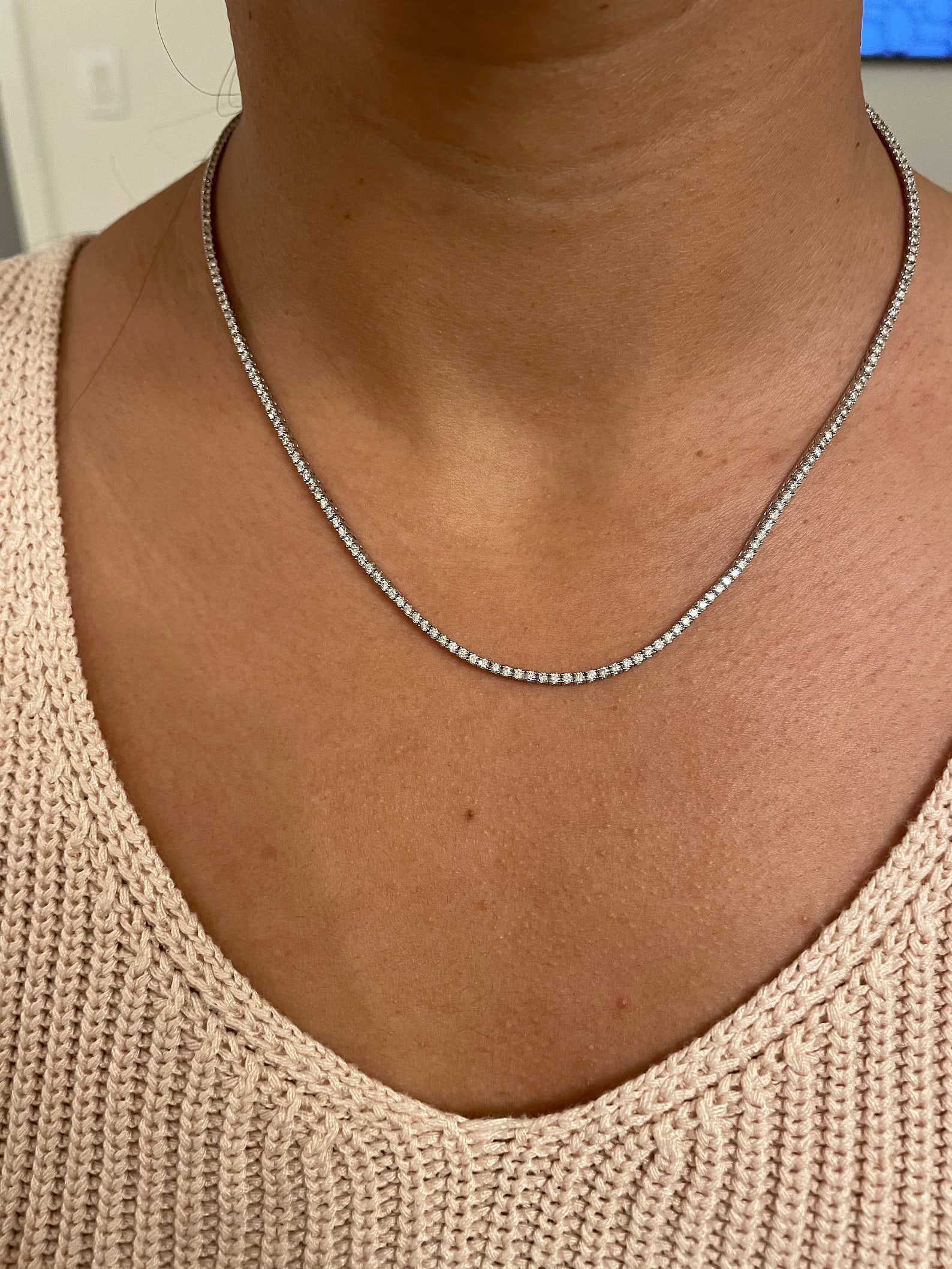 10 Carat Round Unique Diamond Tennis Necklace in 14k White Gold: 14k White Gold Round Unique Diamond Tennis Necklace /Length of the Necklace : 18 InchesTotal Diamond Weight : 10 Carat in a 18 Inch Necklace/Solid 14k White Gold & Conflict - Free Lab Grown Diamond/Di